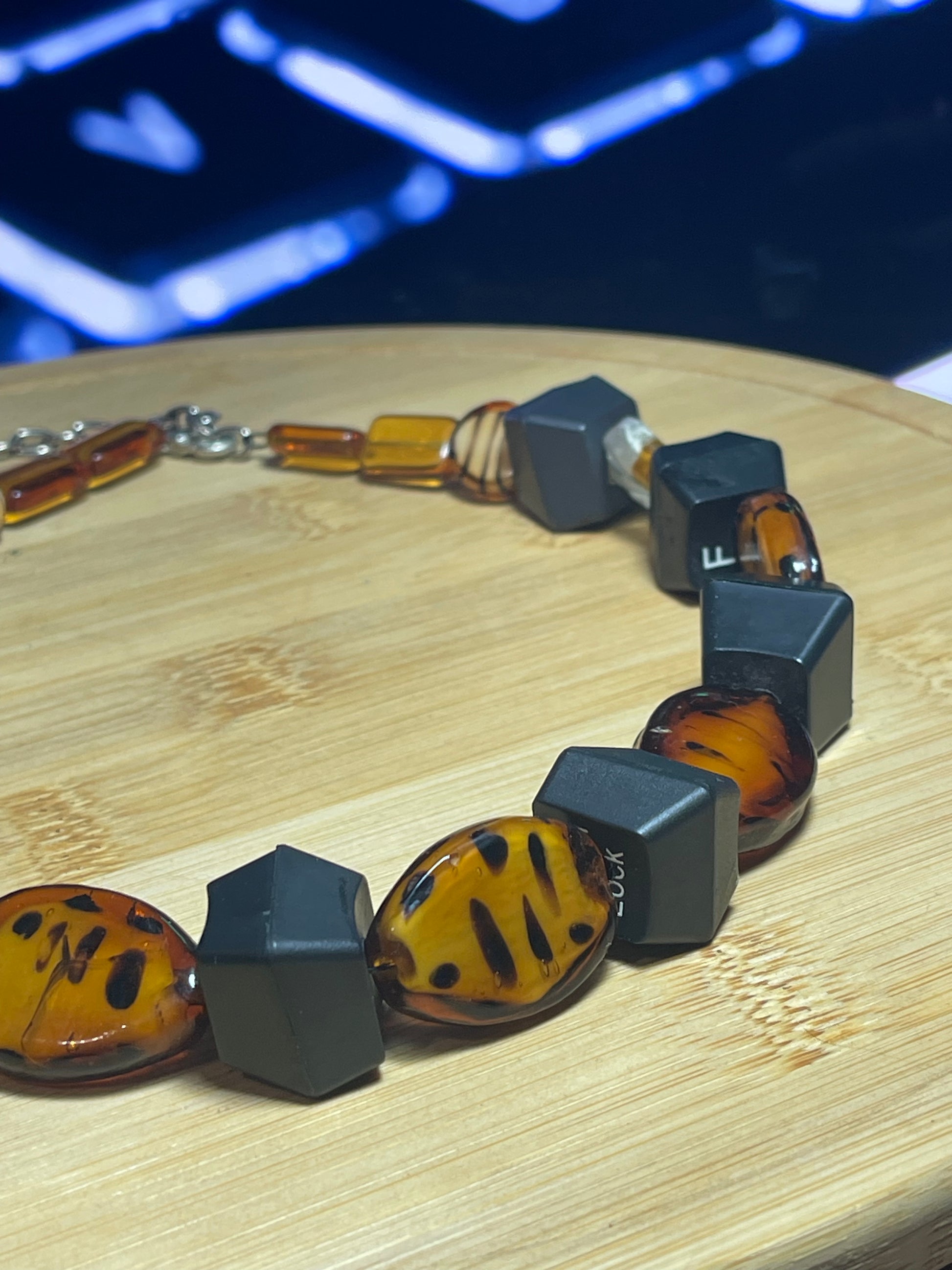 Computer Key Necklace - Amber Coloured Glass Beads - ElmsCreative