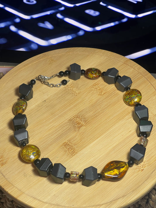 Computer Key Necklace - Amber & Rainbow Coloured Glass Beads - ElmsCreative