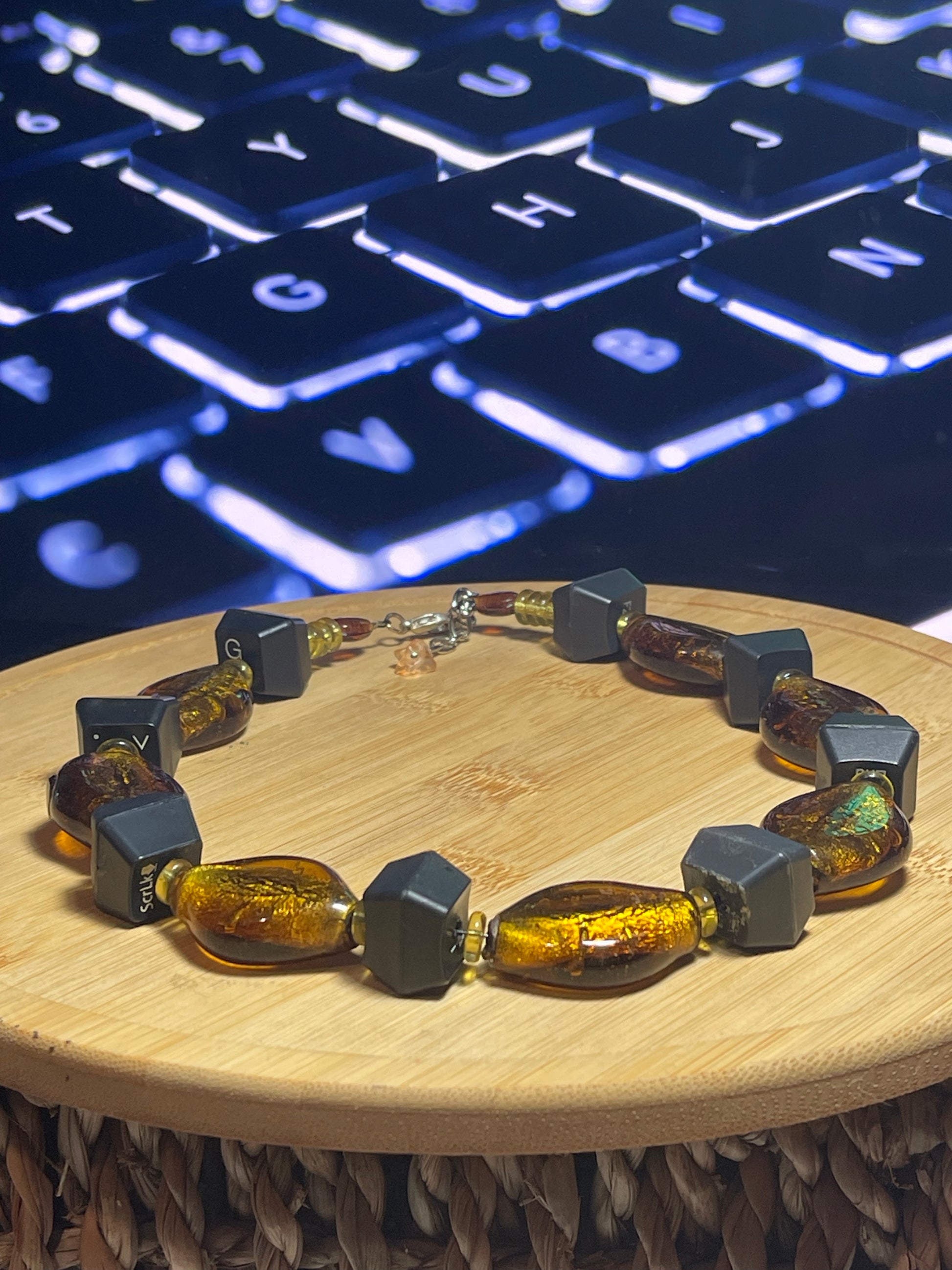 Computer Key Necklace - Amber Oval Coloured Glass Beads - ElmsCreative