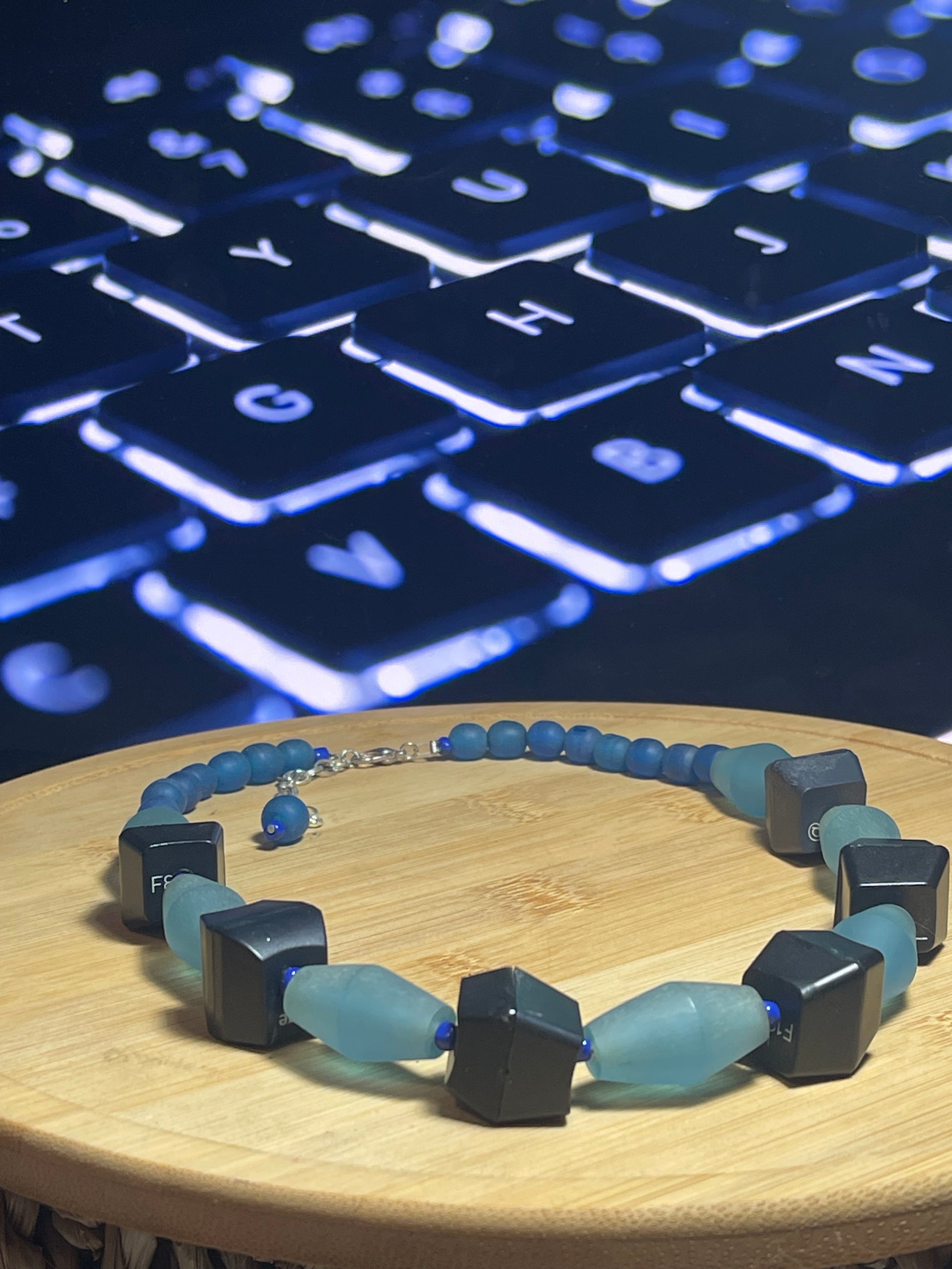 Computer Key Necklace - Light Blue Resin and Computer Key Beads - ElmsCreative