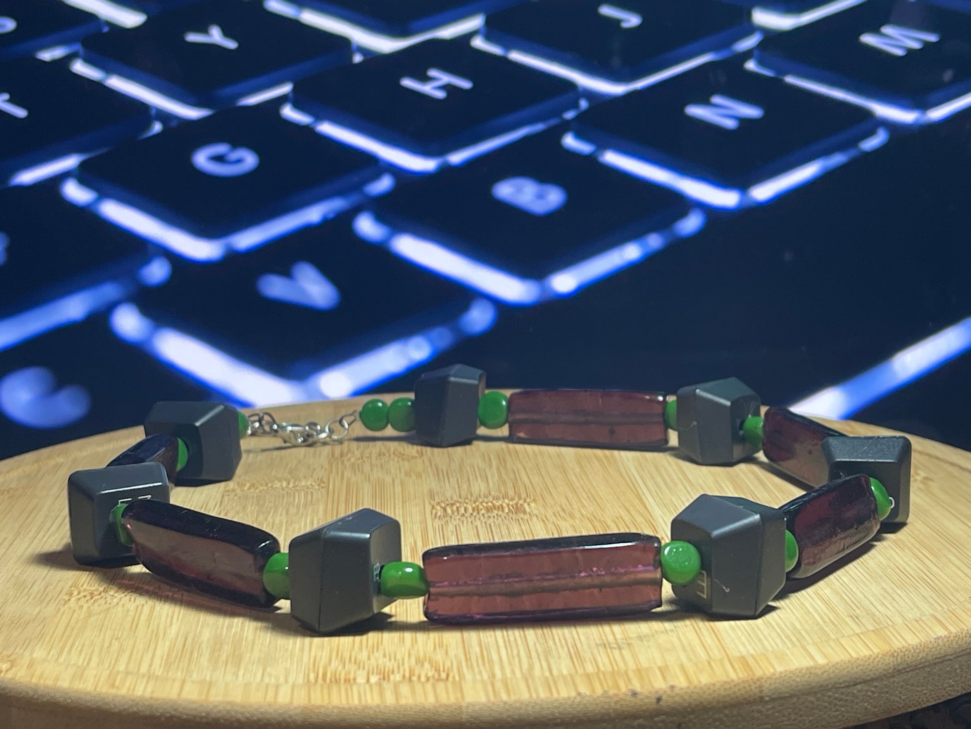 Computer Key Necklace -Purple Rectangular Glass and Computer Key Beads - ElmsCreative