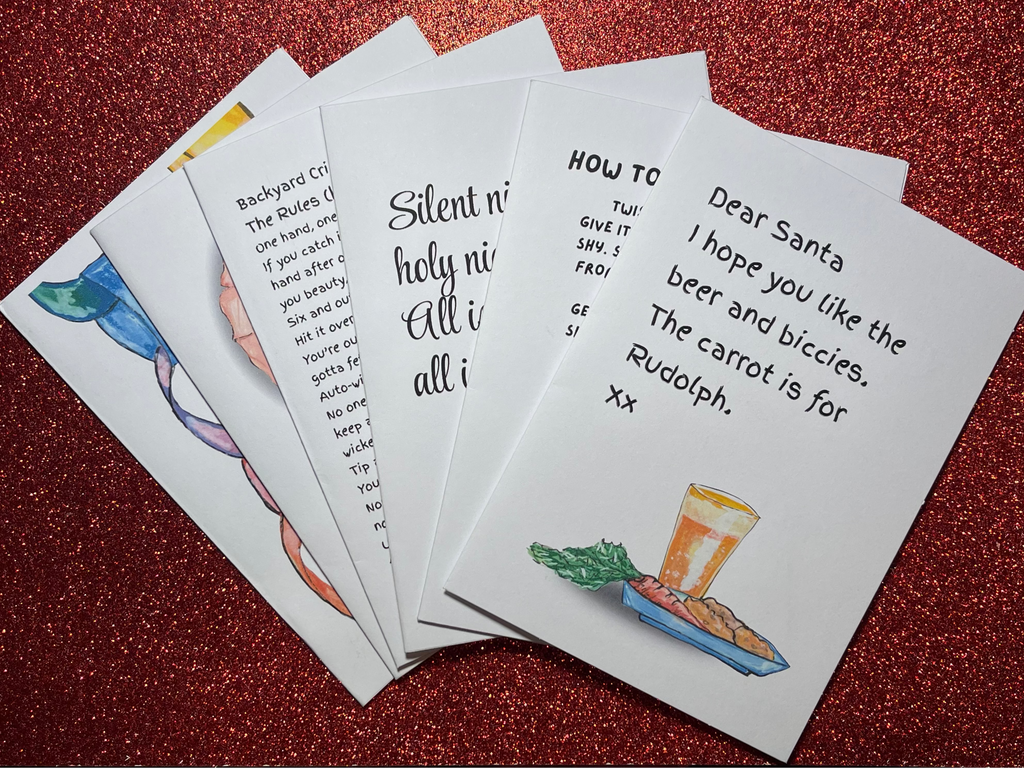 Set of humorous greeting cards with text and illustrations on a red glittery background