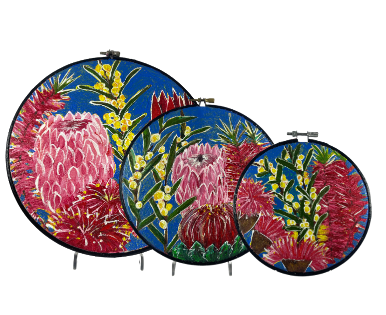 Australian Flowers Embroidery Hoops Canvas Set of 3 - Dark Blue