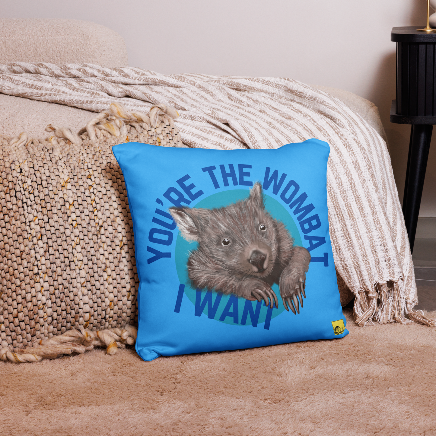 You're the wombat I want - Blue Wombat Pun Cushion - ElmsCreative