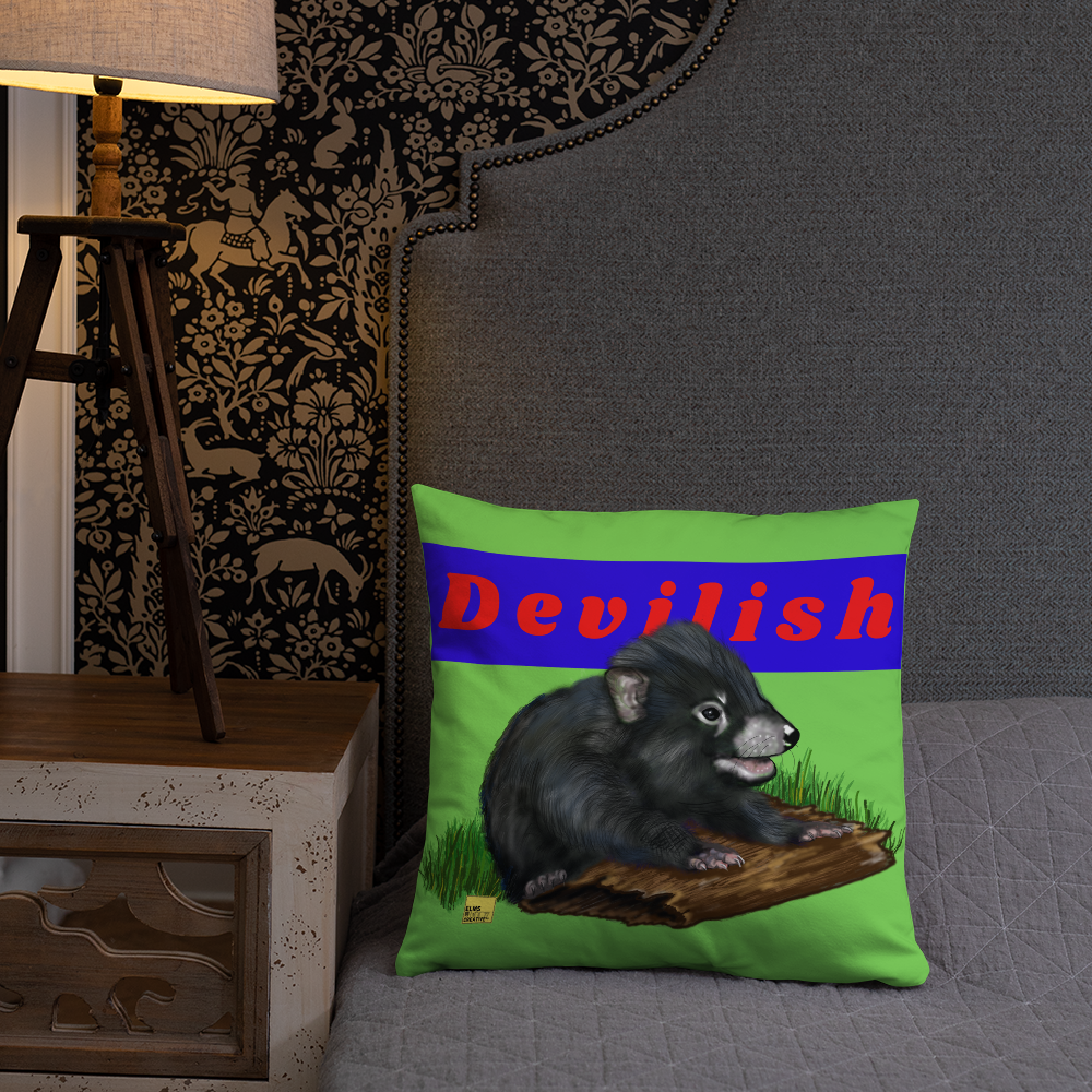 Devilish - Blue Tasmanian Devil Pun Cushion - ElmsCreative