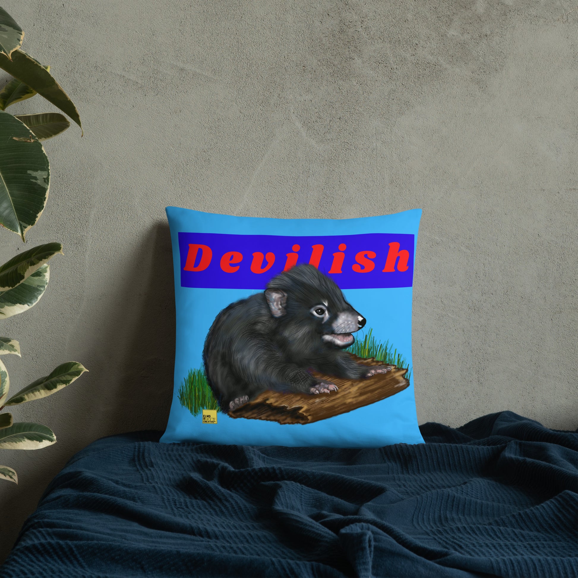 Devilish - Blue Tasmanian Devil Pun Cushion - ElmsCreative