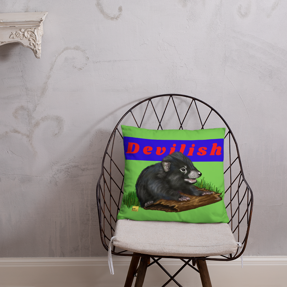 Devilish - Green Tasmanian Devil Pun Cushion - ElmsCreative