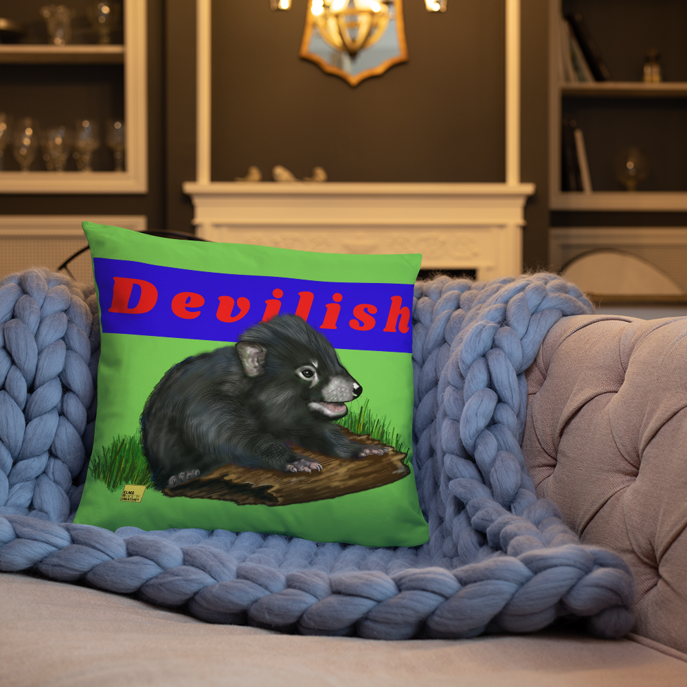 Devilish - Green Tasmanian Devil Pun Cushion - ElmsCreative