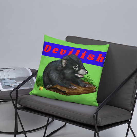 Devilish - Green Tasmanian Devil Pun Cushion - ElmsCreative