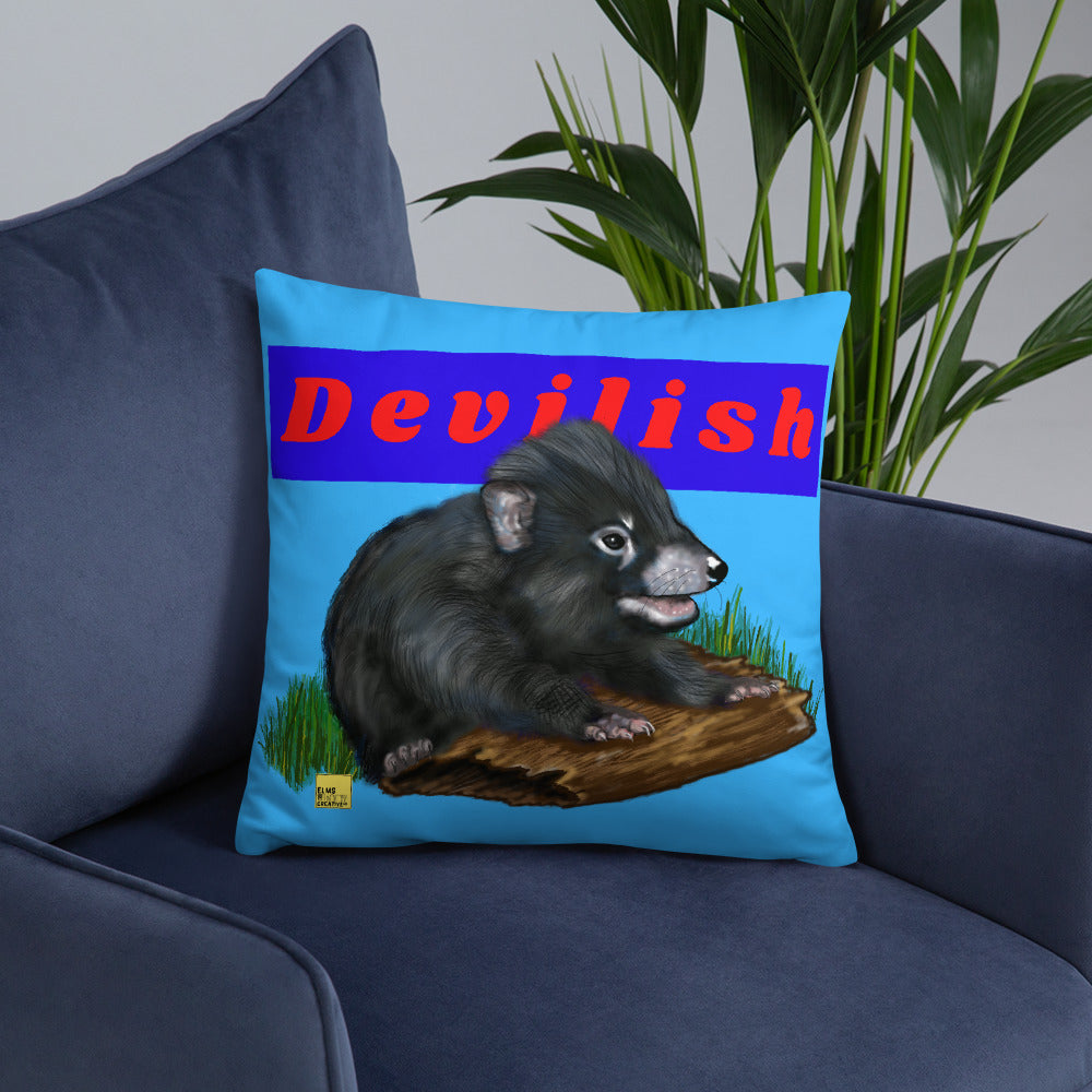 Devilish - Blue Tasmanian Devil Pun Cushion - ElmsCreative