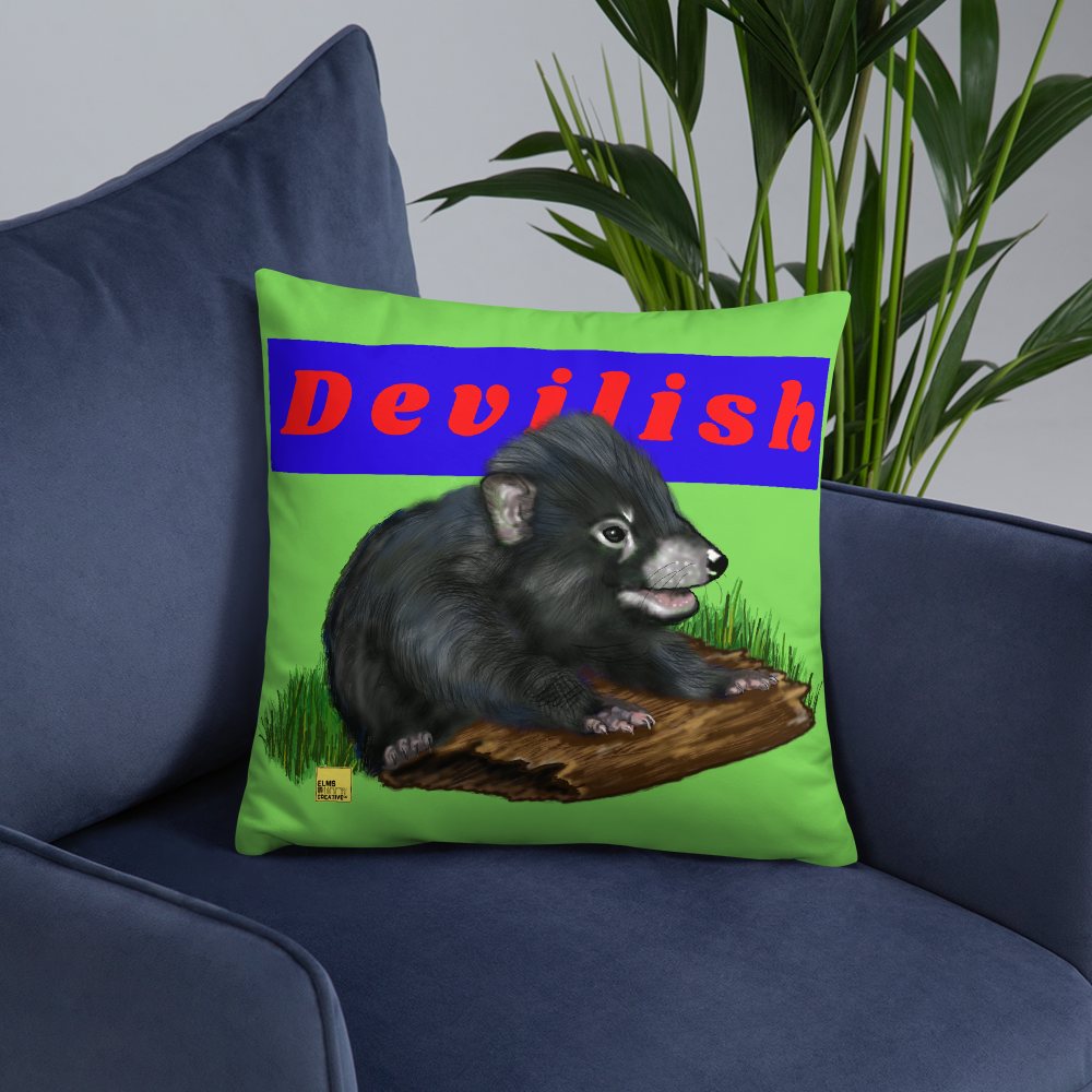 Devilish - Green Tasmanian Devil Pun Cushion - ElmsCreative